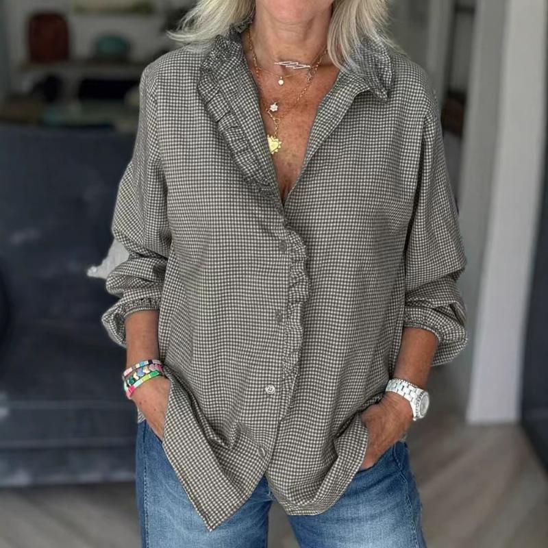 

New Women s Buttons Casual Long Sleeve Patchwork Lapel Tops Shirts S серый