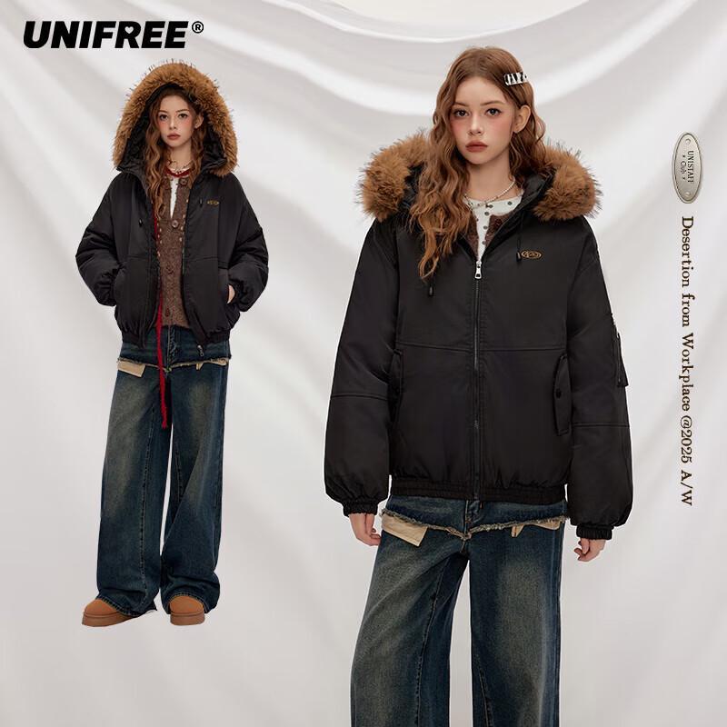 UNIFREE American Retro Hooded Padded Jacket with Fur Collar