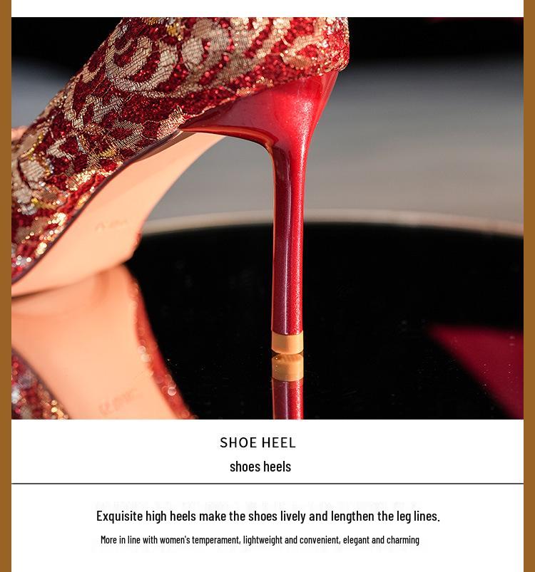 Elegant Red Silk Stiletto Heels with Gold Trim - Ideal for Weddings, Banquets, and Formal Events