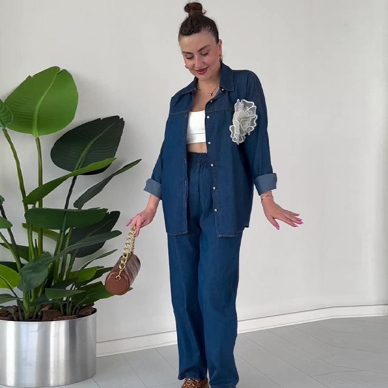 2024 Autumn Women's Distressed Water System Fashion 3D Applique Casual Long Pants Set