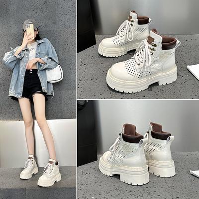 Summer Hollow Breathable Cool Boots Women's Genuine Leather Perforated Martin Boots with Increased Height Inside Casual Short Boots