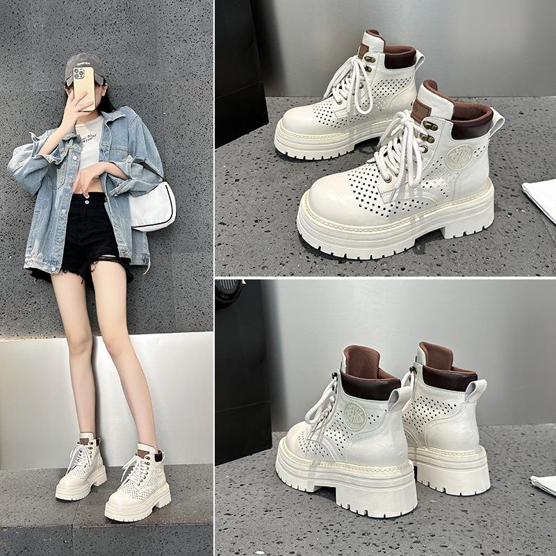 Summer Hollow Breathable Cool Boots Women's Genuine Leather Perforated Martin Boots with Increased Height Inside Casual Short Boots