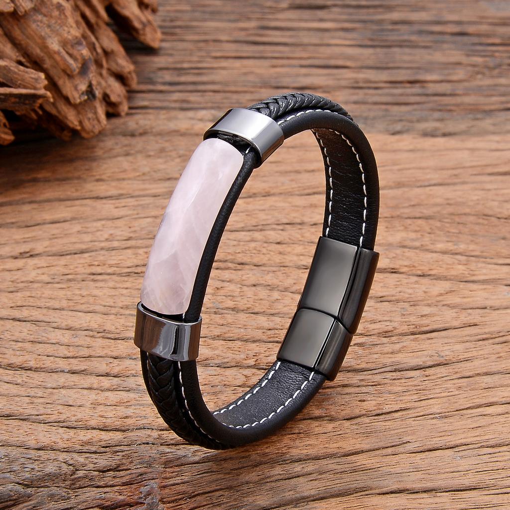 Natural Hematite Pink Crystal Tiger Eye Stone Bracelets Men's Jewelry Braided Leather Handmade Male Bangles New In