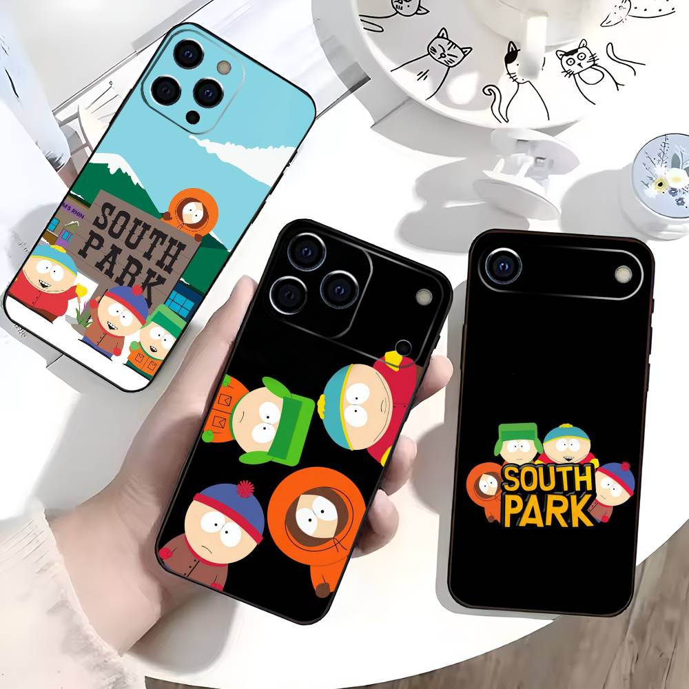 S-South P-Park Cartoon Phone Case For iPhone 17,16,15,14,13,12,11 Plus,Pro Max,XS,Soft Black Cover
