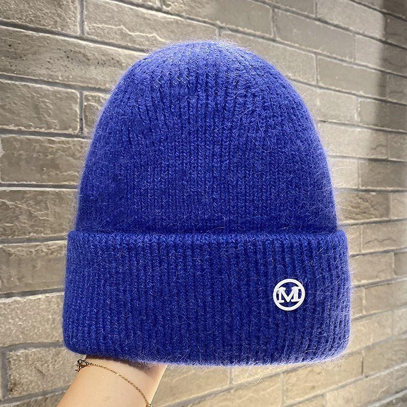 Knit Beanie Hat Rabbit Hair Blend Metal Letter M Label Warm Ear Protection Winter Autumn Trendy Skullcap Women