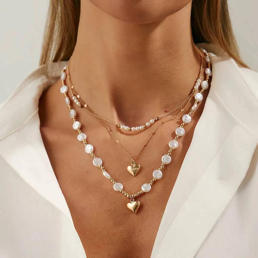 Ingemark Exquisite Imitation Pearl Love Heart Pendant Necklace Women Multilayer New Elegant Metal Clavicle Chain Boho Jewelry