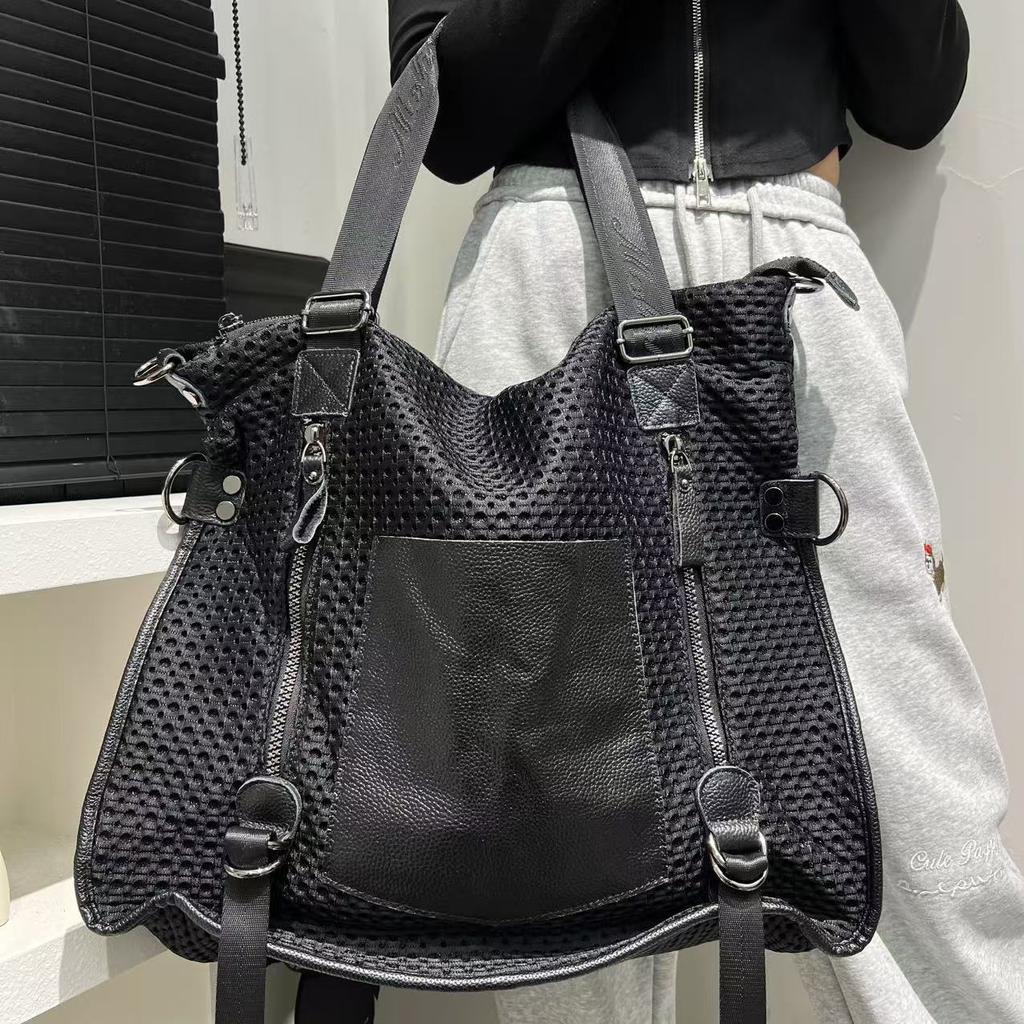 European and American Retro Mesh Splicing Leather Tote Bag, Large Capacity Casual Versatile Diagonal Cross Bag