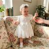 Newborn Baby Girls Summer Outfits Bows Lace Mesh Crew Neck Short Sleeve Romper Dress and Bow Headband 2 Pcs Set