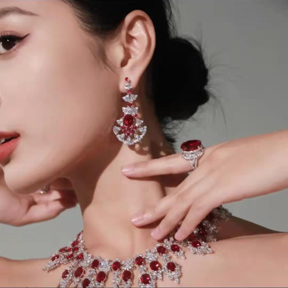 Elegant Feather Drop Earrings Imitation Mozambique Ruby Jewelry for Women
