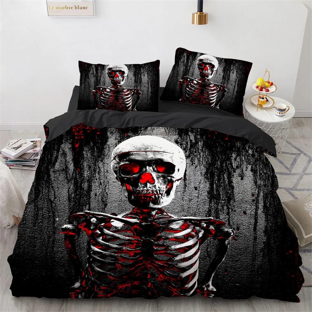 Skull Bedding Set 3D Print Terror Skulls Pattern Ghost Smile King Queen Size for Halloween Decoration Kids Teens Men Duvet Cover