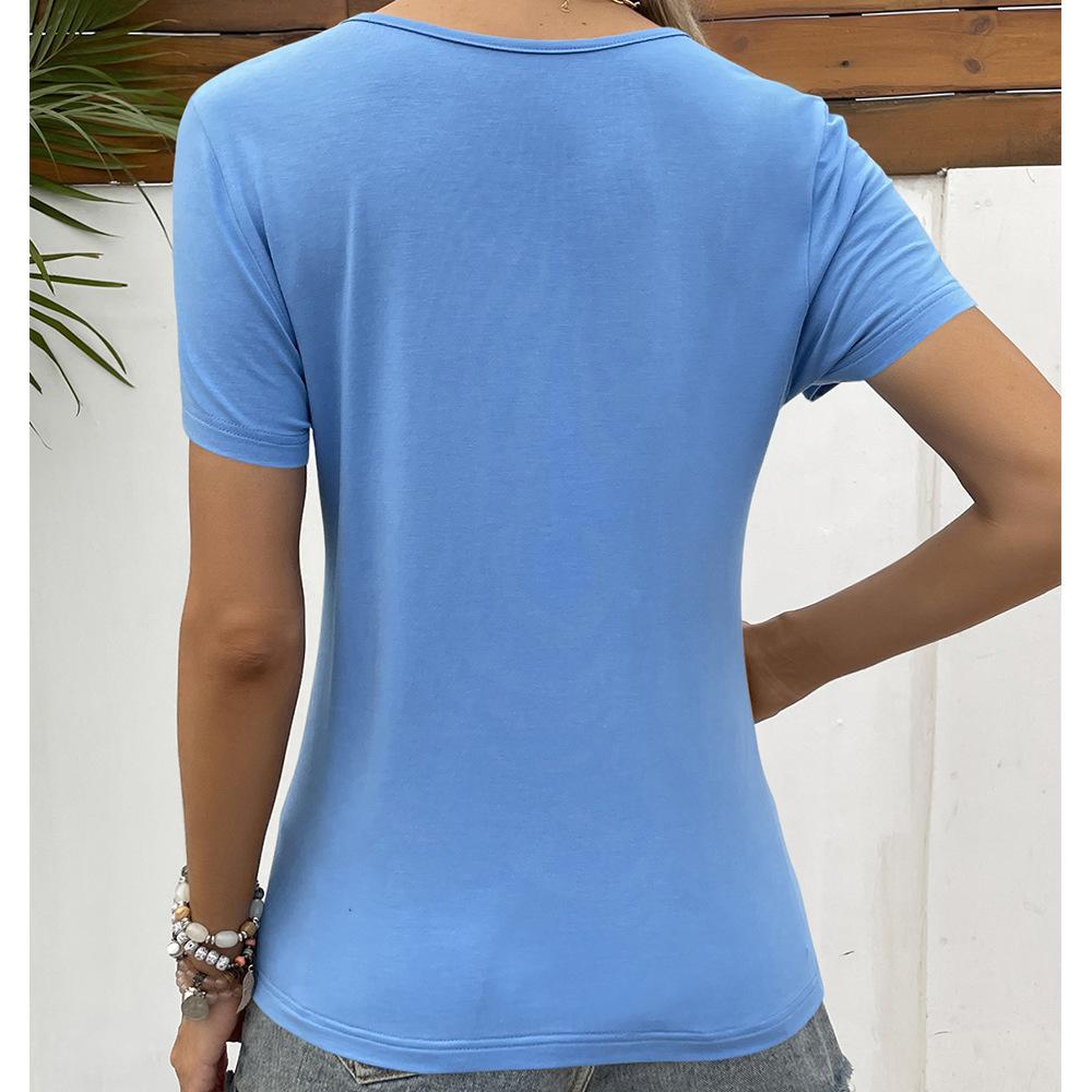 Women's V-Neck Hollow-Out Lace Trim Sexy Top, Short Sleeve T-Shirt, Casual, Versatile