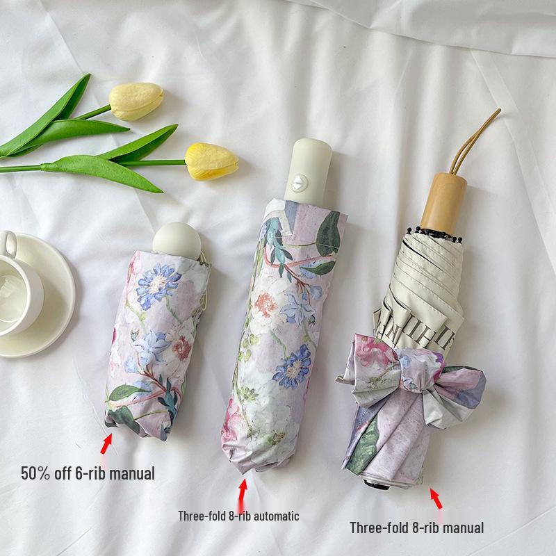 Retro Oil Painting Automatic Sun and Rain Umbrella – Women's Portable Sunscreen Parasol