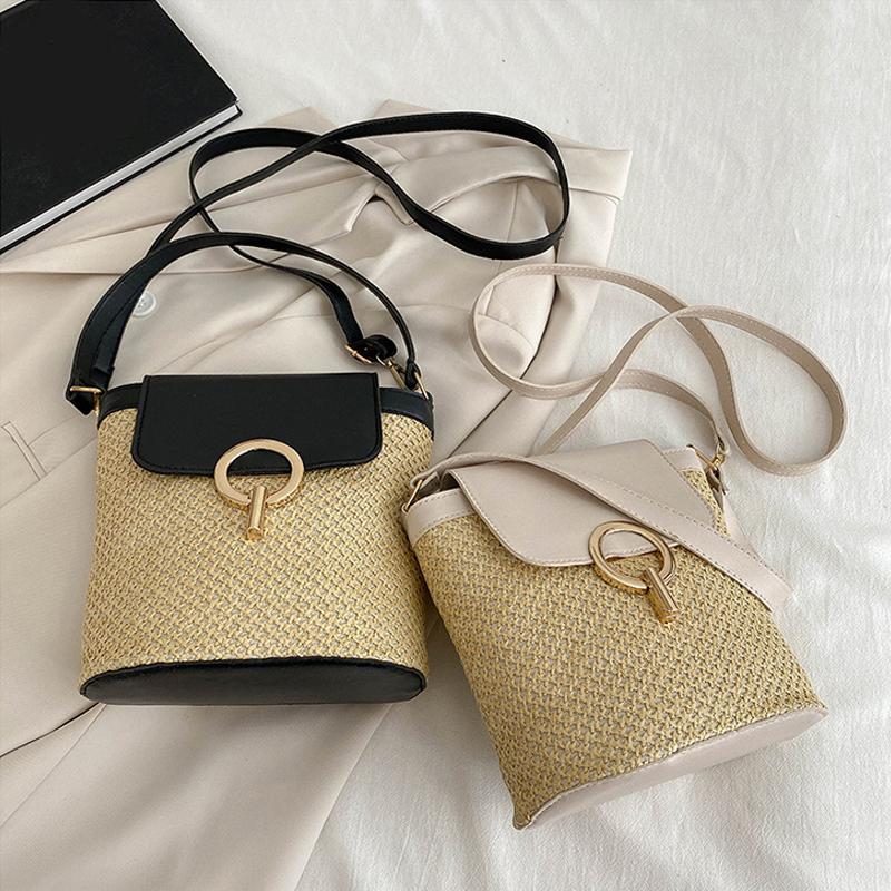 Malá slaměná taška kbelík pro ženy letní crossbody tašky ratanová plážová dámská cestovní kabelka a taška přes rameno