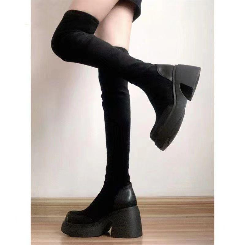 Winter New Large-size Korean Version Fashion Suede Knee-length Boots Women's Thick-soled High-length Skinny Boots Plush