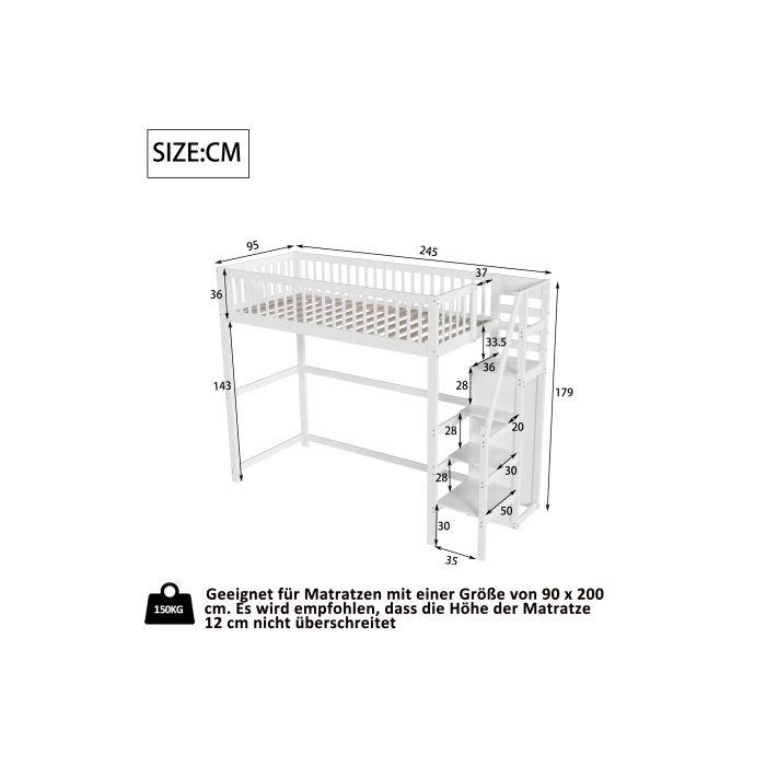 Lit mezzanine - MUVOE - 90x200 - Bois massif - Échelle de sécurité - Rangement intégré