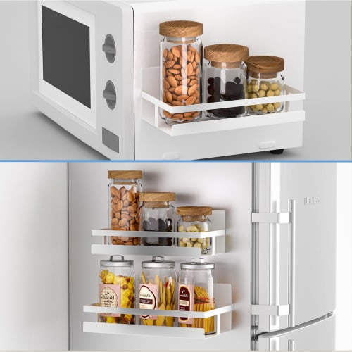 Goowin Magnetic Storage Rack, Spice Rack, Kitchen Condiment Storage Rack, Set of 2 Magnetic Racks, Washing Machine Storage Rack, White