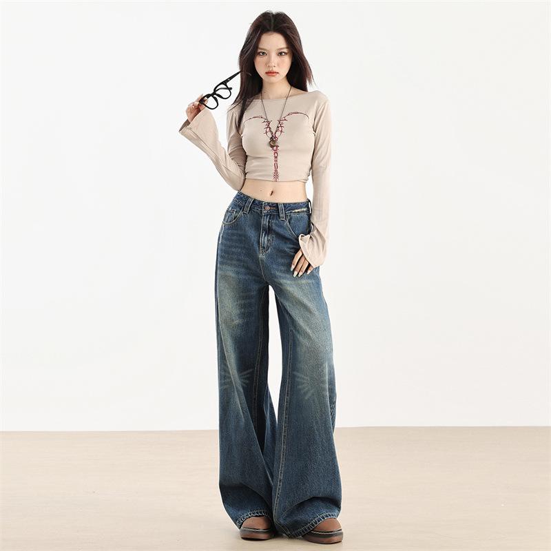 

Women s Autumn/Winter 2025 High-Waisted Wide-Leg Fleece-Lined Jeans with Slimming Firework Pattern Dark Blue Extra Long [Unlined]