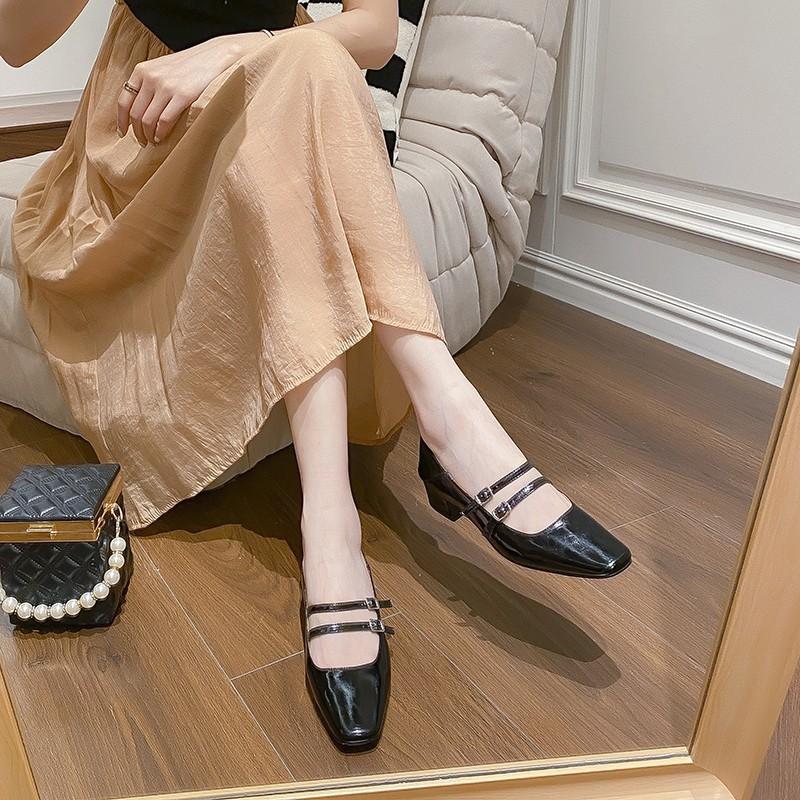 2024 Spring New Women Shoes Fashion Square Toe Shallow Ladies Mary Jane Ballerinas Vintage Style Low-heeled Casual Single Shoes