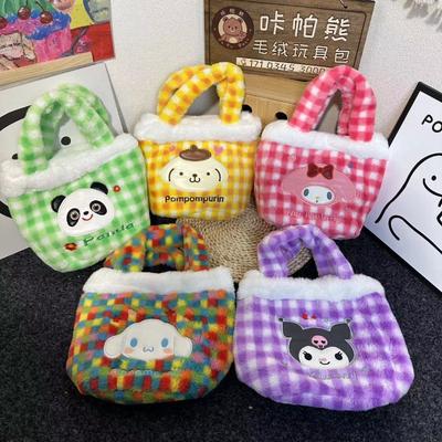 Winter New Plaid Handheld Fluffy Bag Girl Heart Cute Rabbit Female Storage Hand Carrying Cartoon Basket Bag