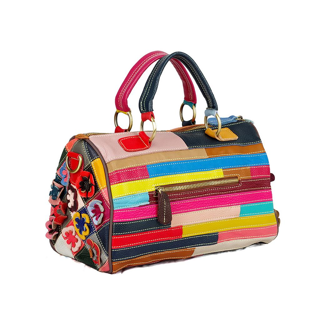 Dámská ručně vyráběná kožená crossbody kabelka barevná květinová mozaika náhodné barvy