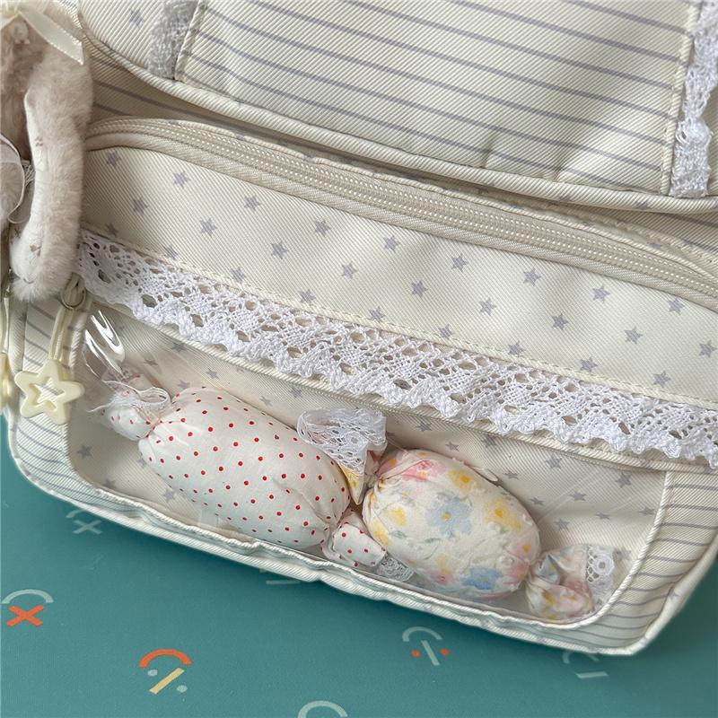 Mochila con Adorno de Encaje Rayas Estrelladas con Ventana Frontal Transparente y Múltiples Bolsillos Gran Capacidad Mochila Escolar Diaria para Adolescentes Estudiantes Viajes Diarios