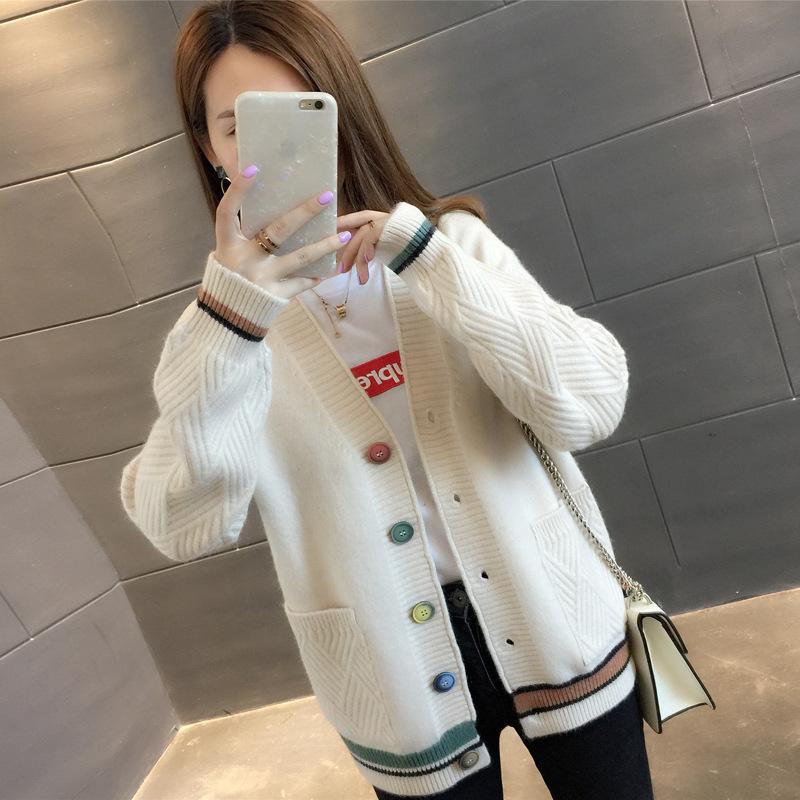 College style pocket sweater jacket women's color buckle striped design contrasting color V-neck long-sleeved outer knitted cardigan
