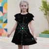 Girls Round Neck Short Flutter Sleeve Mandala Printed A Line Black Dress