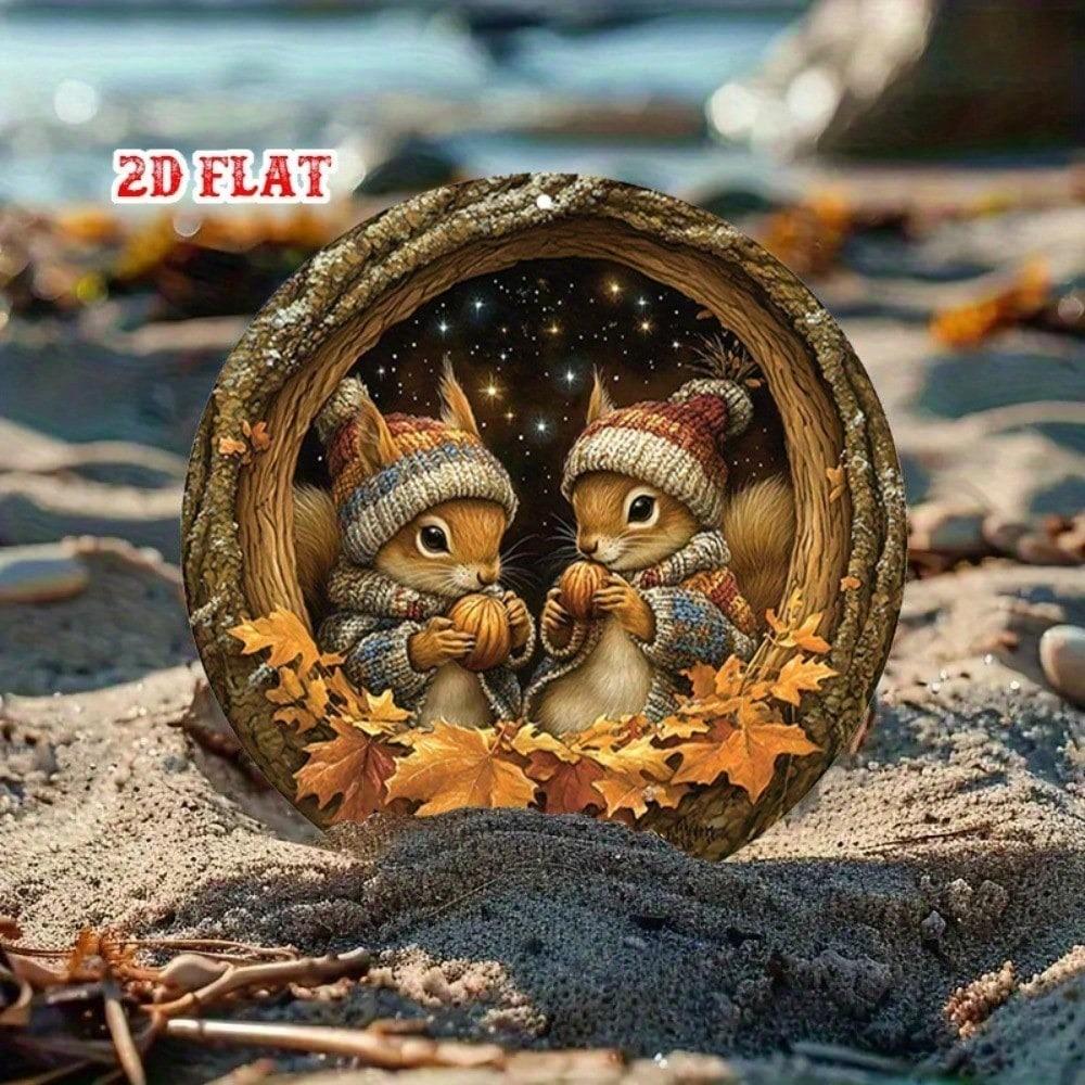 [Upgraded 2D Flat] 1pc Round Aluminum Sign Winter Squirrel Nut Rustic Metal Wall Art Home Decor 7.87x7.87 Inch