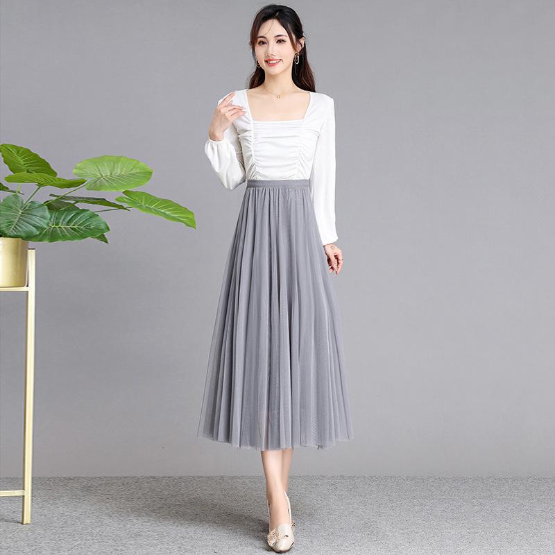 Women's High-Waist Mid-Length Pleated Mesh Skirt