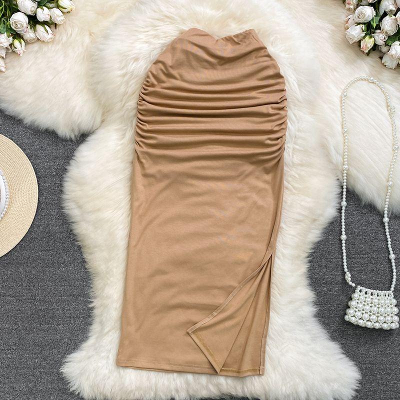 

Socialite Elegant Mid Length Long Length over the Knee Ruched Skirt Khaki One size