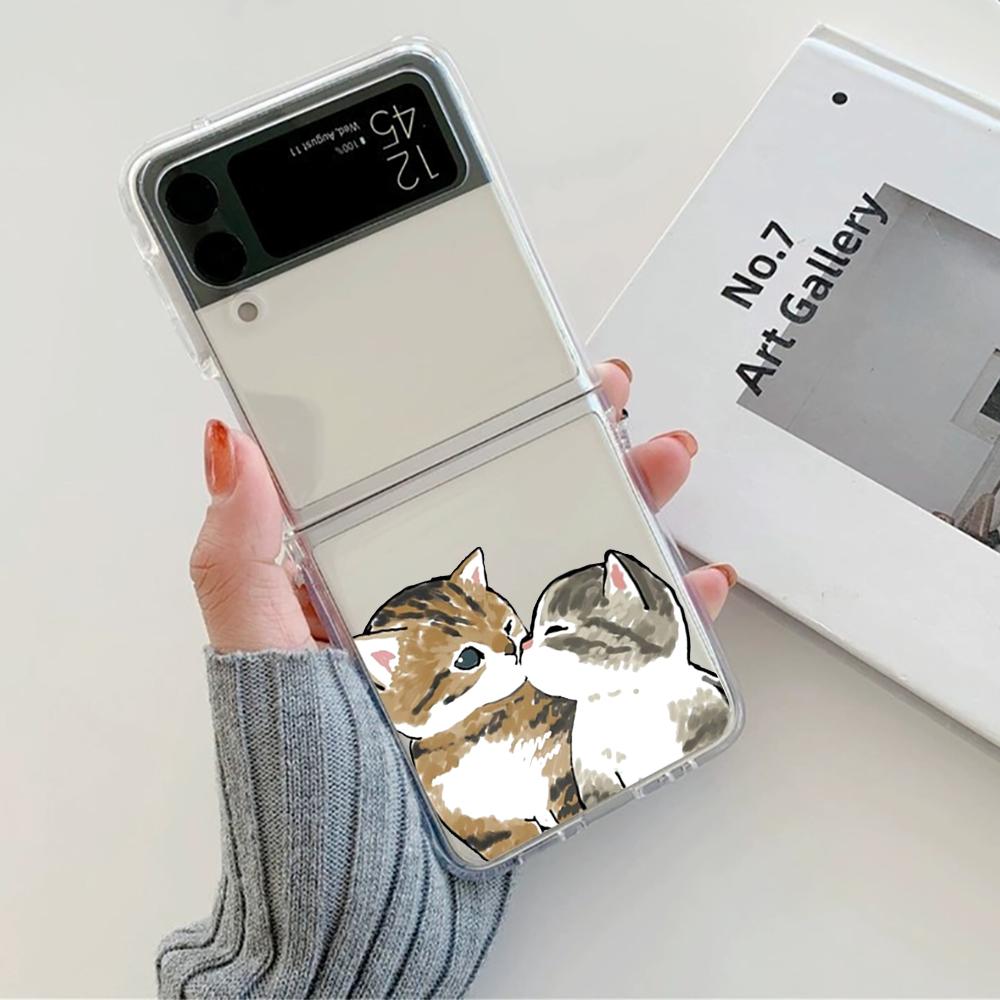 Cute Cartoon Cat Couple Phone Case For Samsung Galaxy Z Flip 6 ZFlip 5 Hard Transparent Cover for Samsung ZFlip 4 ZFlip3 ZFlip7