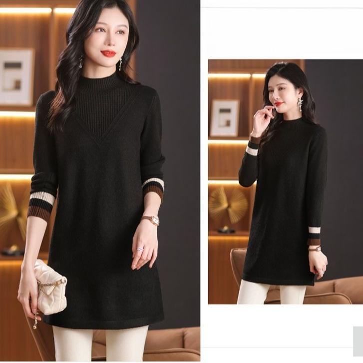 Mid-length Knitted Sweater Women's Fashion Solid Color Loose Large-sized Sweater Autumn and Winter Casual Half Turtleneck Pullover
