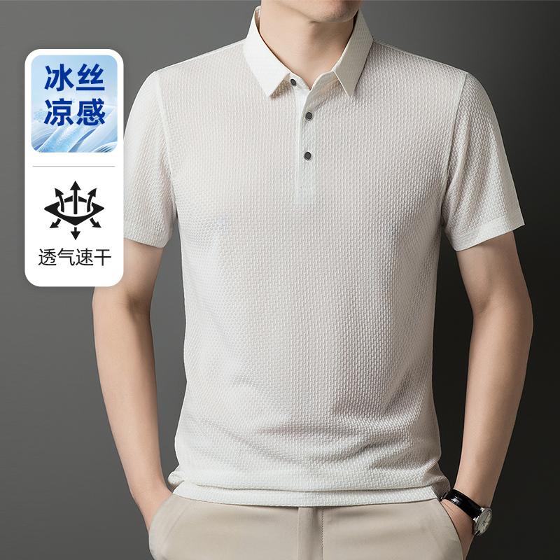 

Men s Light Gray Textured Short Sleeve Polo Shirt, Breathable Quick Dry Top, Ice Silk Cool Feeling for Summer Daily Wear M
