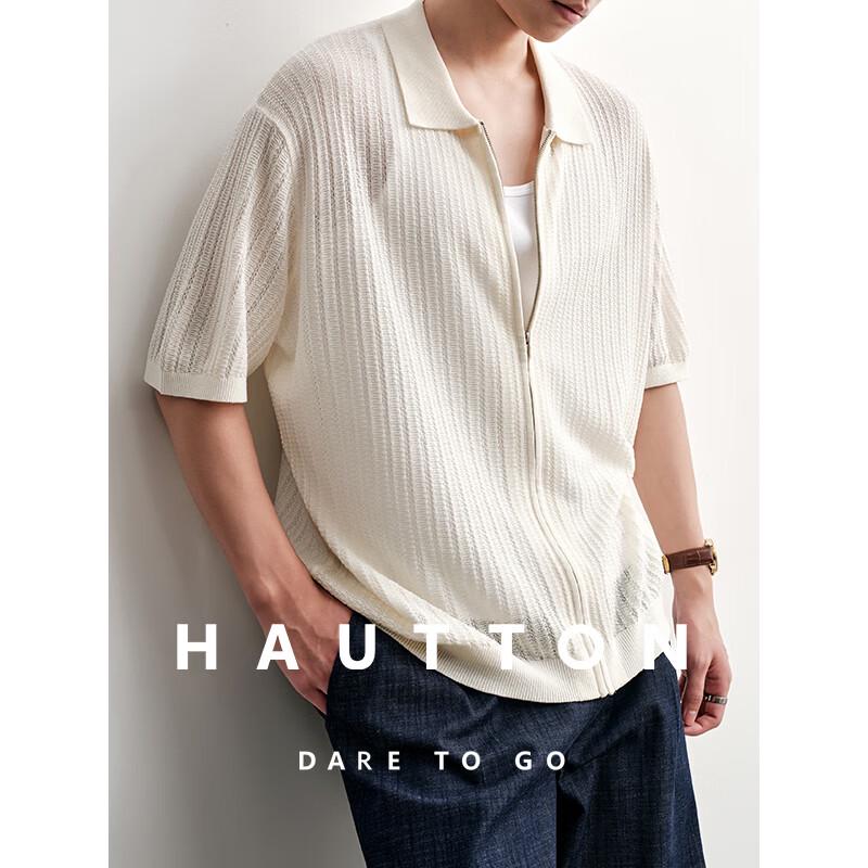 HAUT TON Men s Knit Hollow-Out Short Sleeve Polo Shirt M