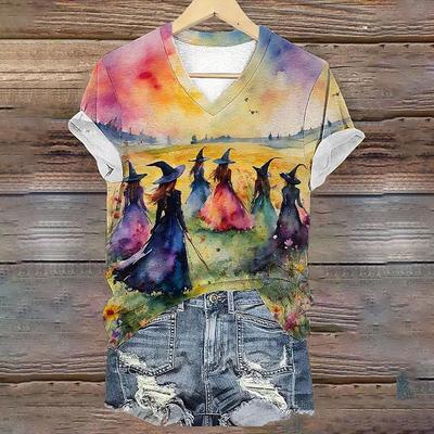 Witch Print Short Sleeves T Shirt Summer Casual Loose V-neck Women's T-shirts Designer Fashion Trend Women Clothing Top