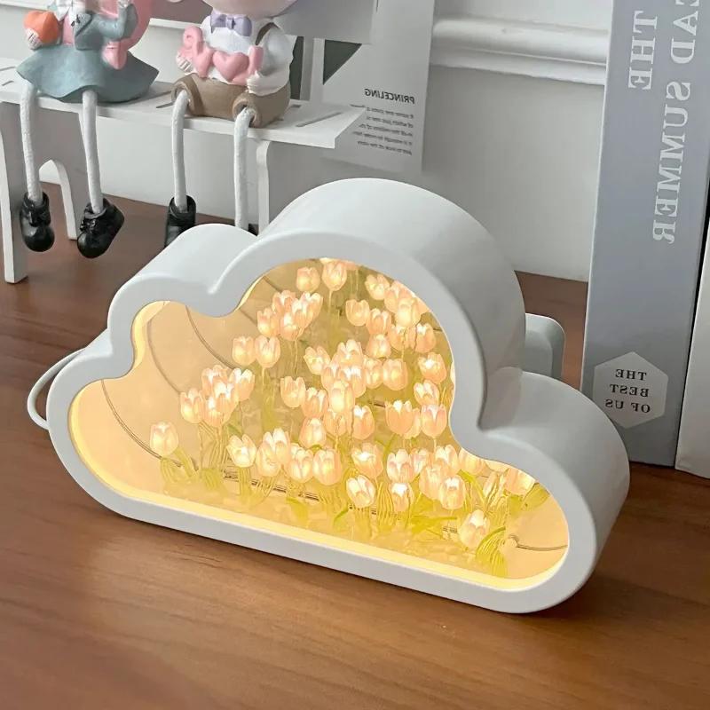 Handmade DIY Material Package LED Night Light Tulip Flower Sea Atmosphere Lamp Mirror Table Lamp Bedroom Decor Lights