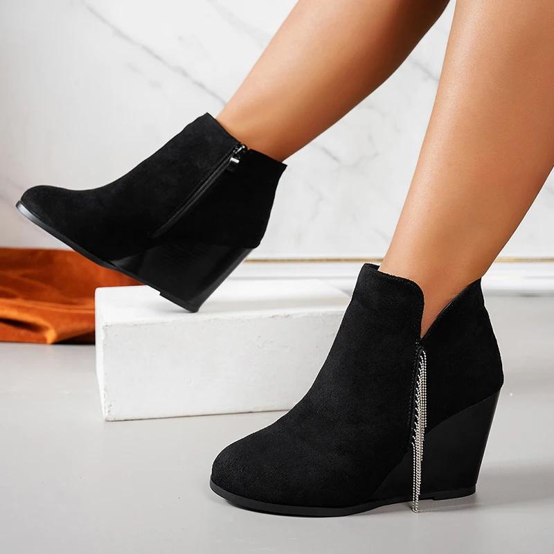 Fashion High Heels Women Suede Snow Ankle Boots Wedges Beaded Designer Sexy Retro Shoes Women New 2025 Trend Winter Goth Gladiator Boots