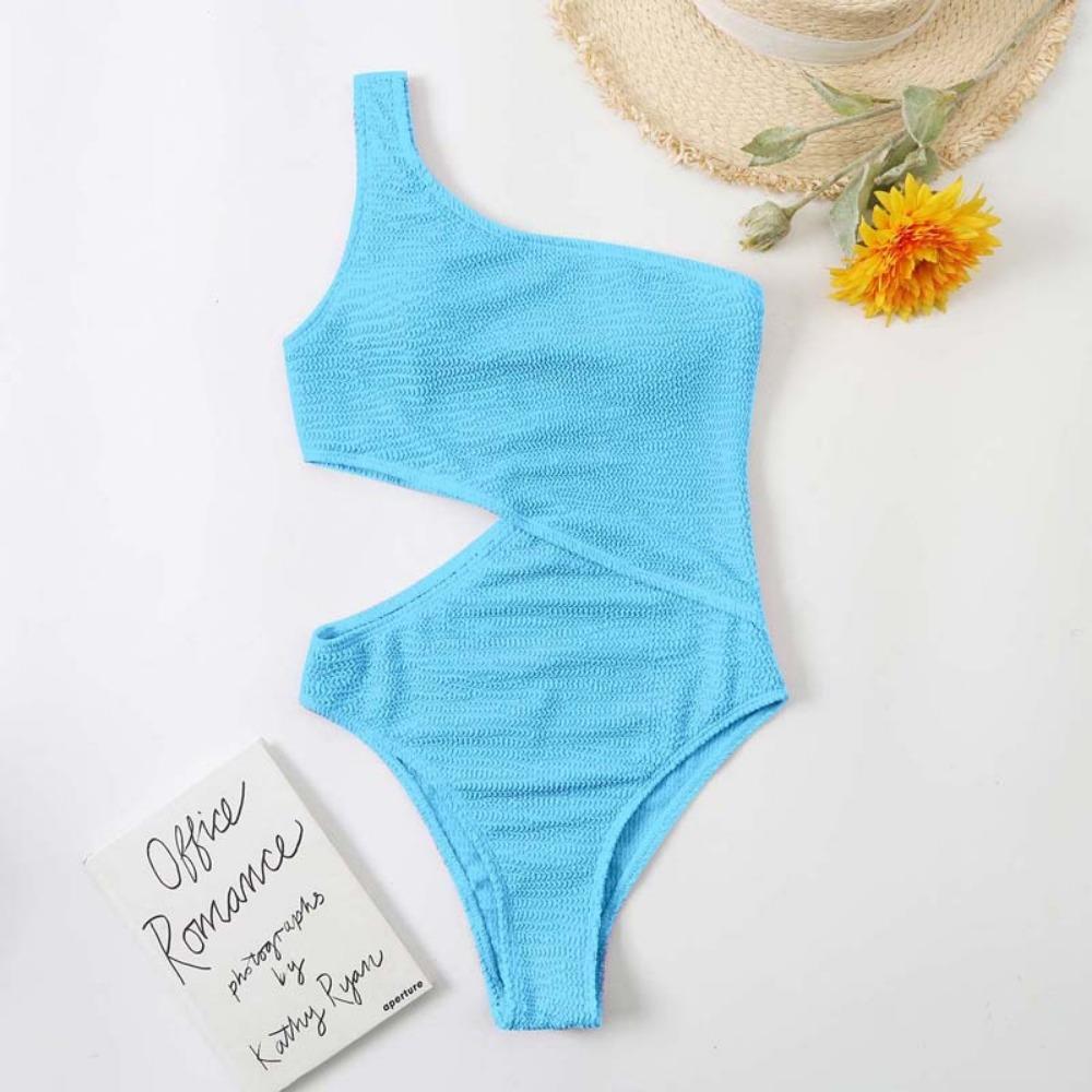 One-piece Triangular Swimwear Women's Wrinkled Cloth Fashionable One-shoulder Solid Color Waist Swimsuit
