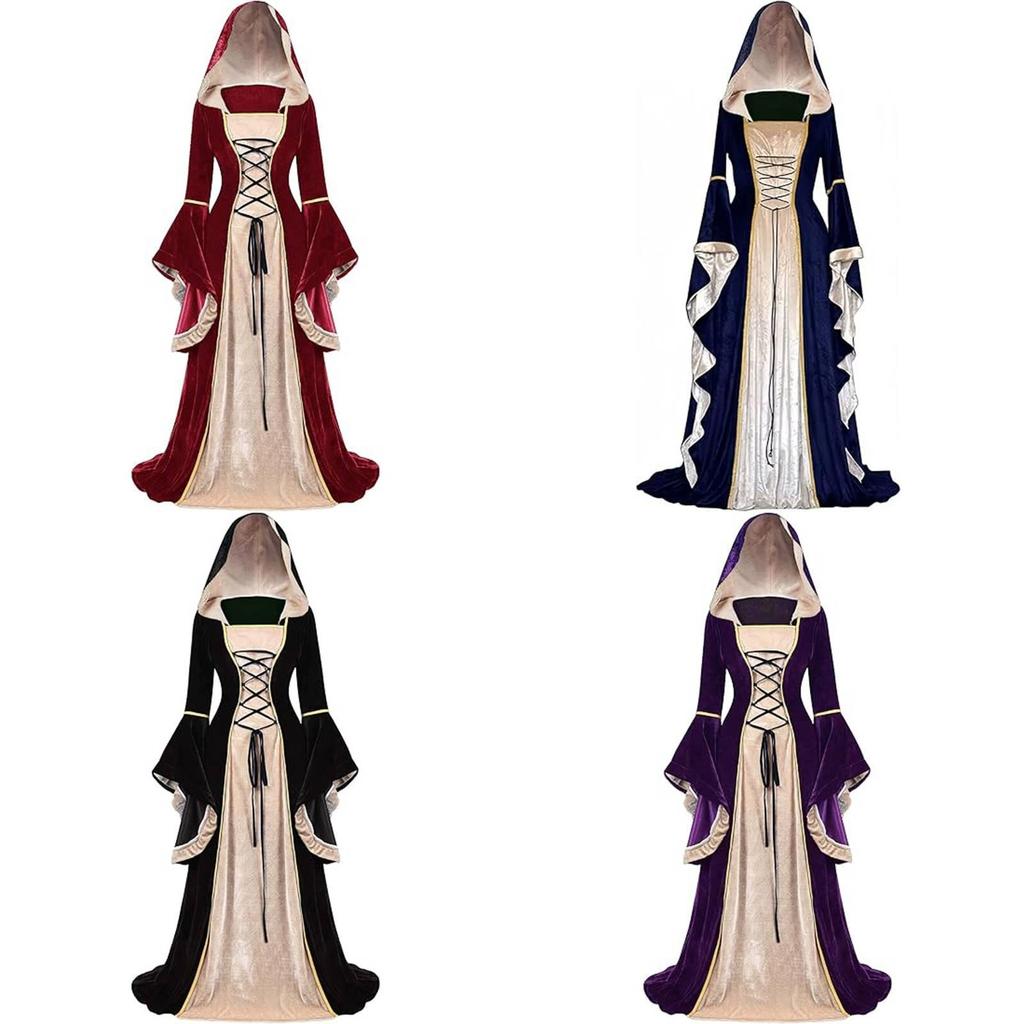 Medieval Vintage Court Dress With Velvet Fabric And Puff Sleeves For Halloween Costume Enthusiasts
