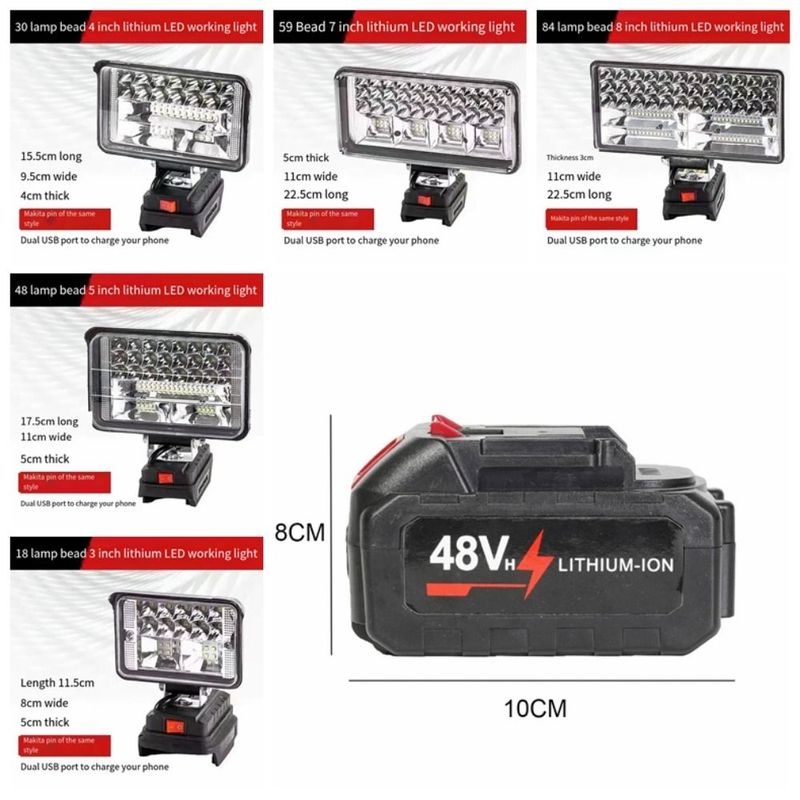 Portable 18V LED Work Light with USB Charger Adapter Camping Lamp Handheld Li-ion Battery Flood Lamp Indoor