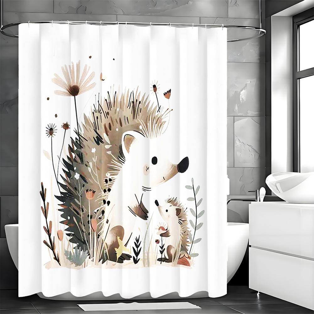 Cute Little Hedgehog Floral Shower Curtain, Bathroom Decorative Shower Curtain, Waterproof Shower Curtain with Hooks