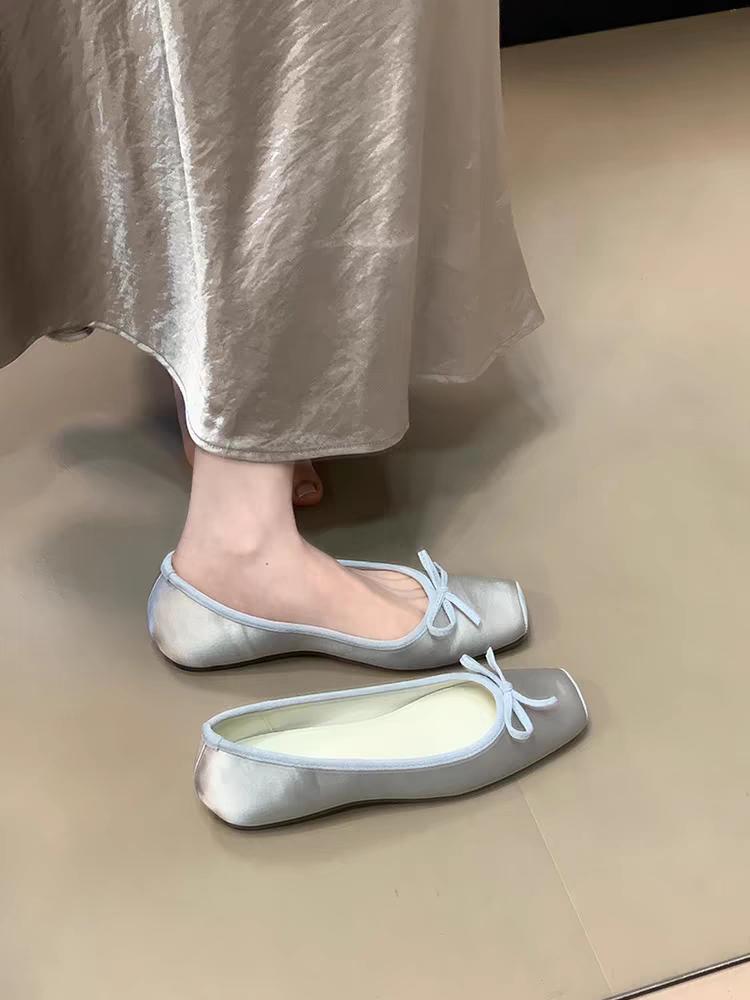Fashion 2025Breathable Silk Ballerinas Ballet Flats Women Summer Autumn Slip On Loafers Square Toe Bowknot Flat Casual Shoes