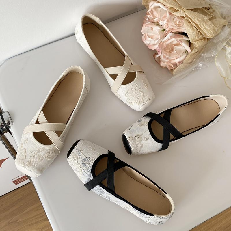 Fashion Floral Embroider Ballet Shoes Woman Elegant Almond Toe White Lace Ballerina Flats Ladies Cross Straps Wedding Party Mary Janes