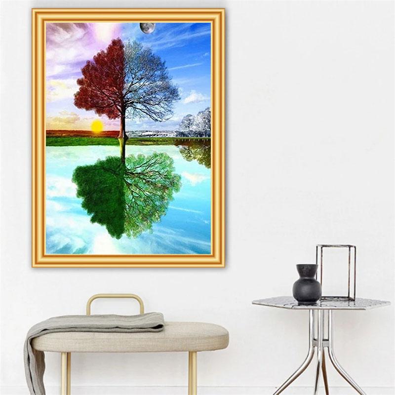 Pictură cu diamant DIY, copac în patru anotimpuri, kit cu punct de cruce, artă mozaic, pictură cu diamant, cerc complet/pătrat, decorare a casei cu diamant