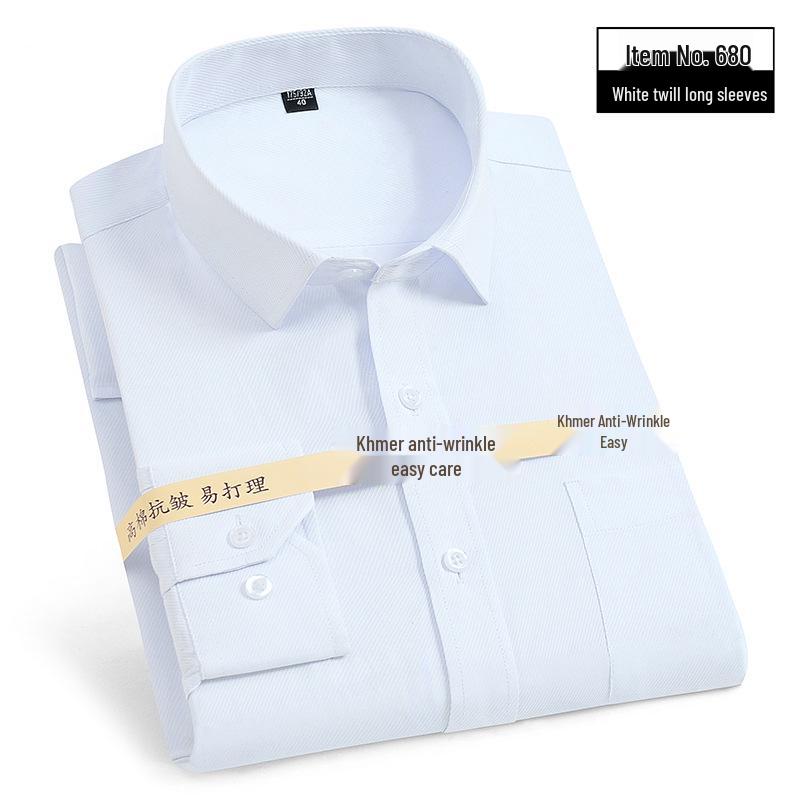 Men's Korean Style White Cotton Long Sleeve Shirt - Formal Business Attire for Middle-Aged & Young Professionals.