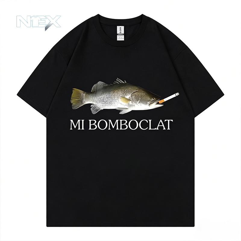 Mens Funny Bomb Defusing Fish Graphic T-Shirt Vintage Harajuku Style Short-Sleeve Tee with Mi Bomboclat Print Black Casual Streetwear for Relaxed