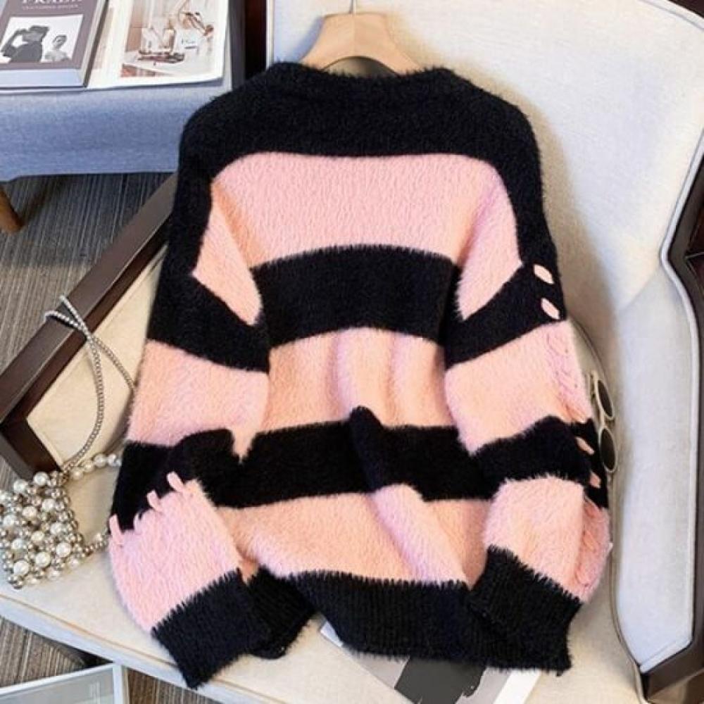 Navava Men Color Block Striped Mink Long Sleeve Knit Sweater Nk2681