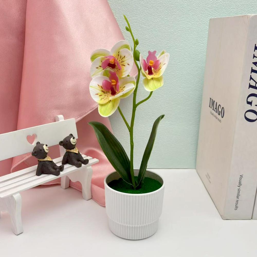 Flowers Faux Three Butterfly Orchid Green Plant For Home Office Decoration