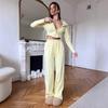 Womens Casual Two-Piece Set: Solid Color Long Sleeve Zipper Front Crop Top With Tie Waist High-Waisted Wide Leg Pants