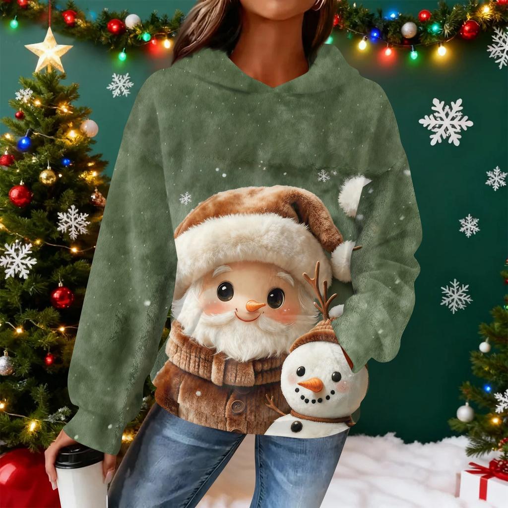 Sudadera con capucha de franela con estampado navideño de manga larga para mujer